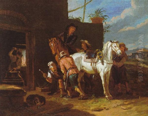 Ein Schimmel Wird Vor Der Schmiede Beschlagen Oil Painting by Pieter van Bloemen