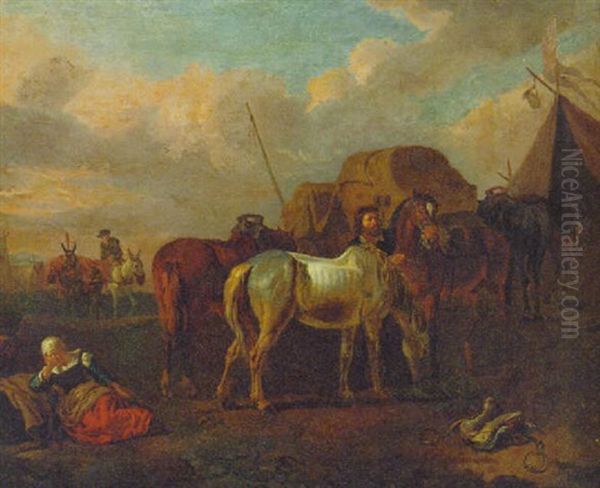 A Groom Unsaddling Horses In An Encampment Oil Painting by Pieter van Bloemen