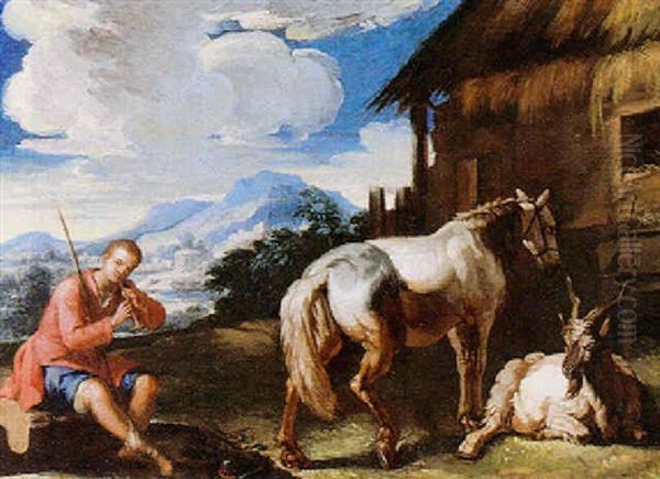 A Landscape With A Herdsman Playing A Flute Oil Painting by Pieter van Bloemen