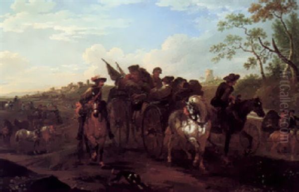 Wounded Soldiers In A Cart, Accompanied By A Mounted Cavalry Officer, A Fortified Town Beyond Oil Painting by Pieter van Bloemen