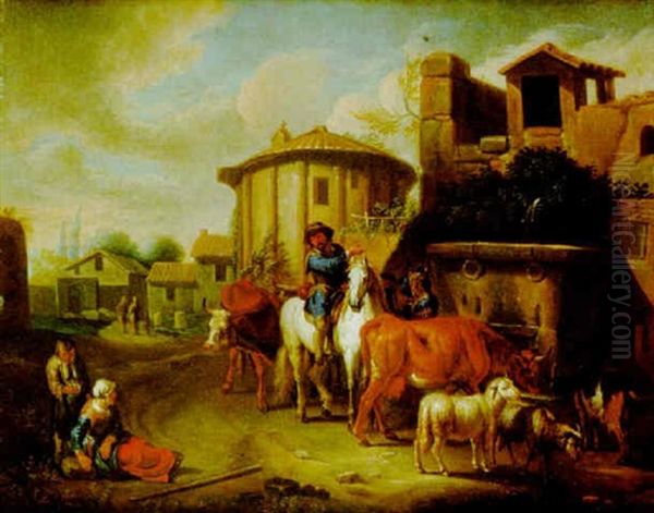 Paisaje De Pueblo Con Viajero Preguntando El Camino A Unos Pastores Oil Painting by Pieter van Bloemen