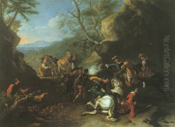 An Ambush On A Path In A Wooded Landscape Oil Painting by Pieter van Bloemen