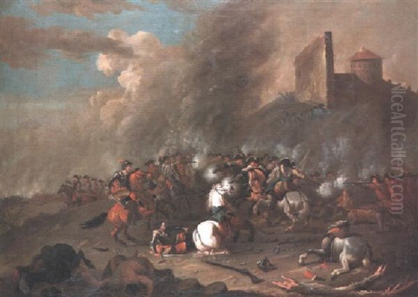 Cavalry And Infantry On A Battle Field Beneath A Fortress by Pieter van Bloemen