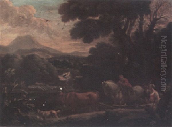 A River Landscape With Shepherds And A Shepherdess Oil Painting by Pieter van Bloemen