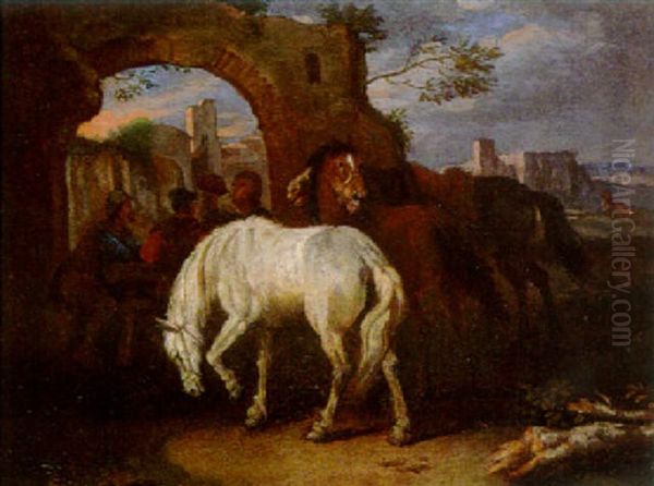 Travellers Taking Refreshments With Horses Before A Ruined Arch Oil Painting by Pieter van Bloemen