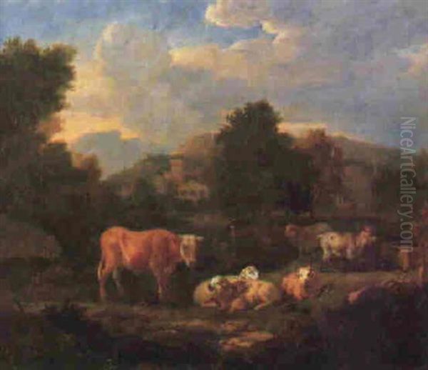 Wooded Italianate Landscape With Cattle, Sheep And Goats, Town Oil Painting by Pieter van Bloemen