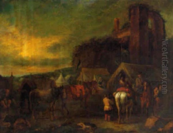 A Calvary Encampment By A Ruin Oil Painting by Pieter van Bloemen