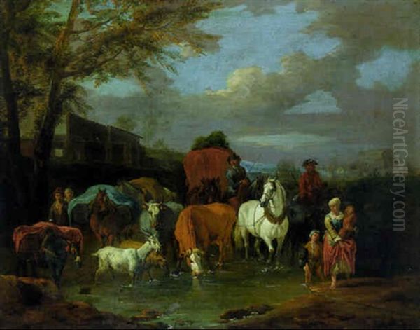 Drovers With Cattle And Goats Fording A Stream Oil Painting by Pieter van Bloemen