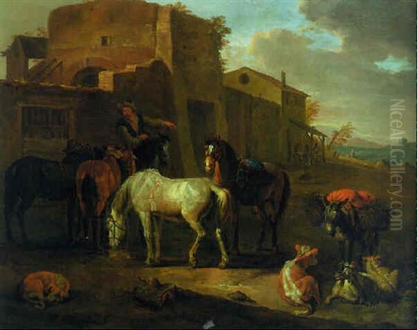 Drovers At A Farmstead Oil Painting by Pieter van Bloemen