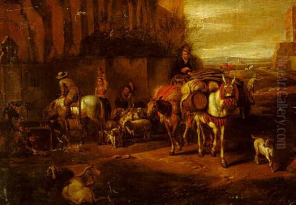 Muleteers Halted At An Inn Oil Painting by Pieter van Bloemen