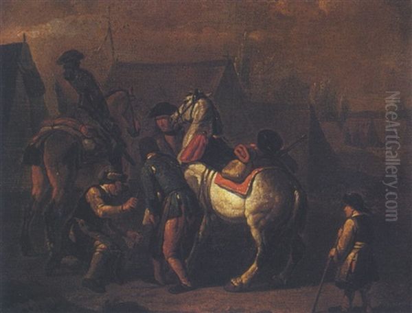 A Military Encampment With A Blacksmith Attending To A Horse Oil Painting by Pieter van Bloemen