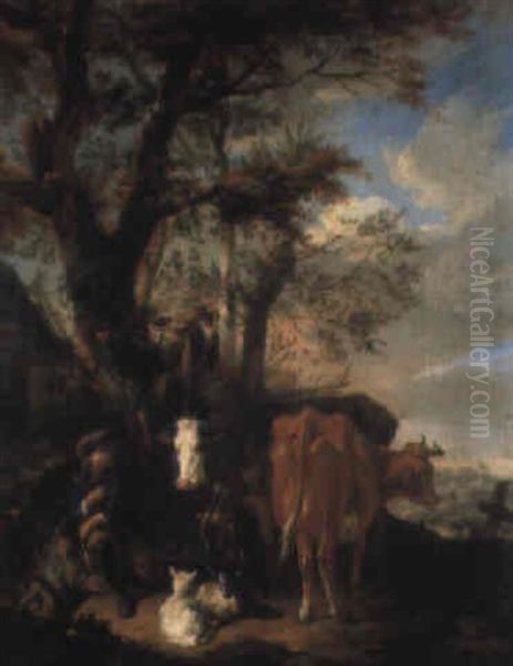 A Herdsman With Cattle And Sheep By A Farm Oil Painting by Pieter van Bloemen