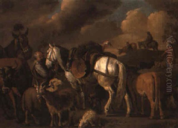 Bondfolk Med Hast Och Boskap Oil Painting by Pieter van Bloemen