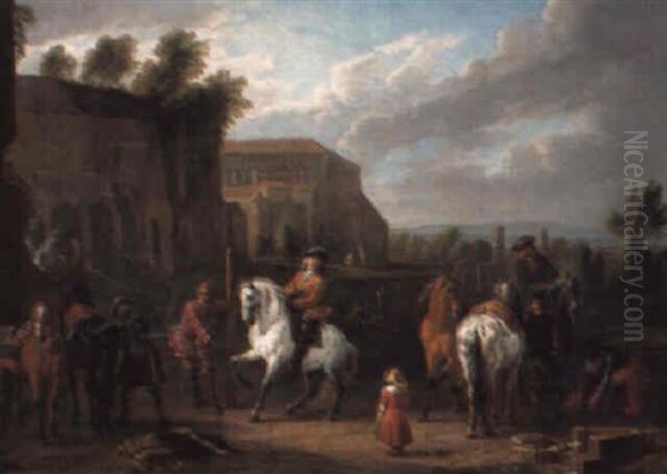 A Riding School By A Classical Ruin Oil Painting by Pieter van Bloemen