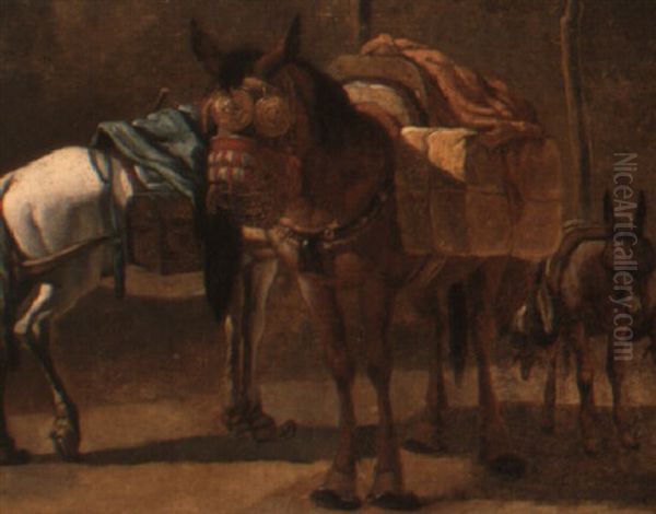 Two Horses And A Donkey Laden With Goods Oil Painting by Pieter van Bloemen