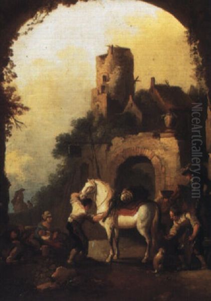 Figures By A Farrier's Shop Oil Painting by Pieter van Bloemen