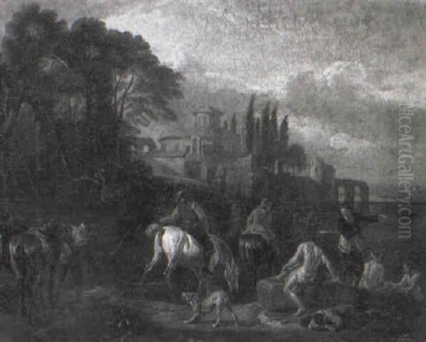 Horsemen And Bathers By A River, A Church And Classical Ruins Beyond Oil Painting by Pieter van Bloemen