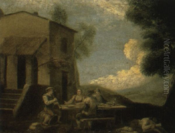 Landscape With Farmhouse And Peasants At Table Outside Oil Painting by Pieter van Bloemen