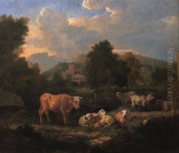 Wooded Italianate Landscape With Cattle, Sheep And Goats Oil Painting by Pieter van Bloemen