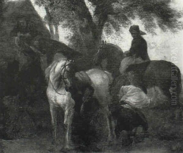 Horsemen At A Farrier's Oil Painting by Pieter van Bloemen