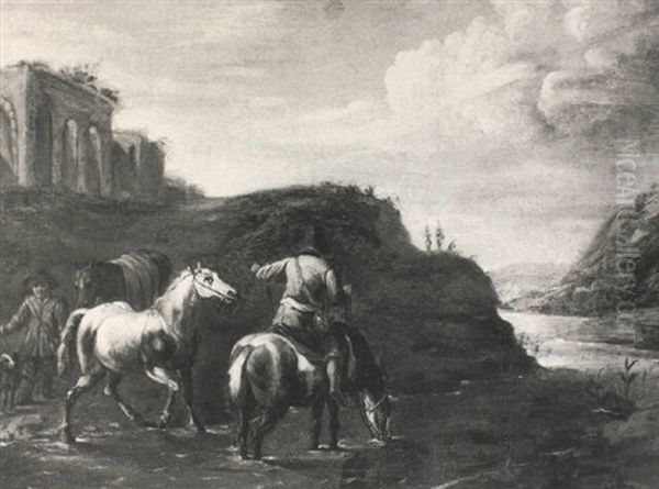 Peasants With Horses Crossing A Ford Oil Painting by Pieter van Bloemen