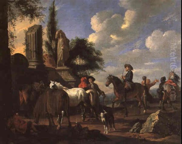 Une Lecon D'equitation Pres De Ruines Antiques Oil Painting by Pieter van Bloemen