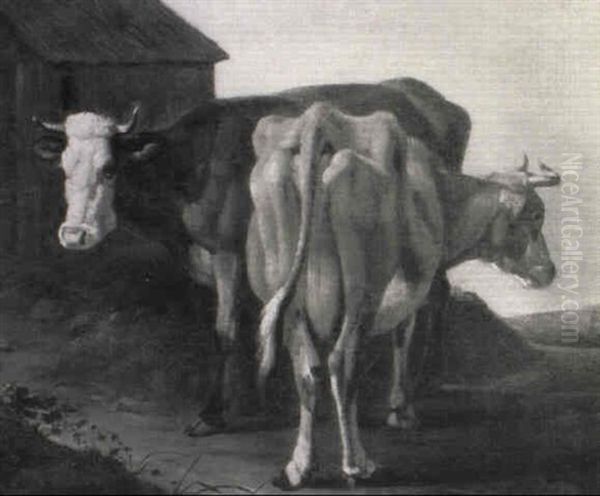 Cows Before A Barn Oil Painting by Pieter van Bloemen