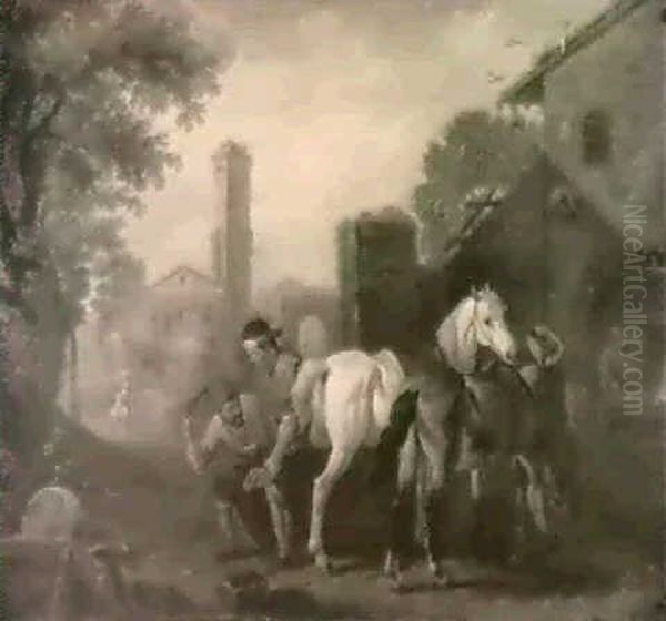 A Farrier's Shop Oil Painting by Pieter van Bloemen