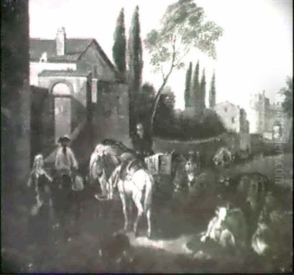 Figures With Packhorses And Donkeys                         Beside A Walled Town Oil Painting by Pieter van Bloemen