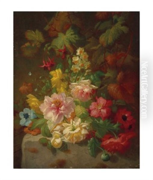 Nature Morte Aux Roses, Soucis Et Jonquilles Oil Painting by Arnoldus Bloemers