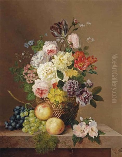 Roses, A Tulip, Carnations, Primula's, Primroses, Geraniums And Various Other Flowers In A Vase With Grapes And Peaches On A Marble Ledge Oil Painting by Arnoldus Bloemers