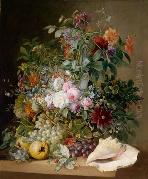 Groses Dekoratives Blumenstillleben Mit Vogelnest, Granatapfeln Und Muschel Oil Painting by Arnoldus Bloemers