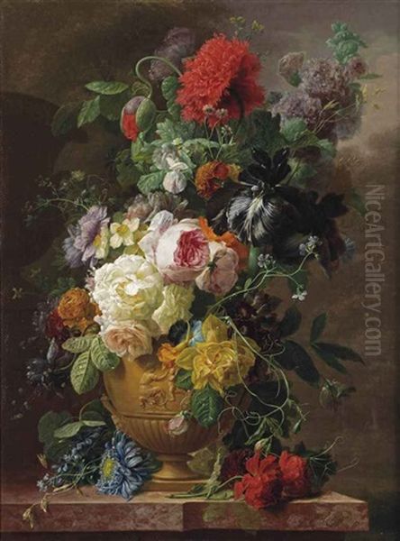 Roses, Daffodils, Poppies, Hollyhock, Black Iris And Other Flowers In A Classical Vase On A Marble Ledge Oil Painting by Arnoldus Bloemers