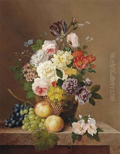 Roses, A Tulip, Carnations, Primula's, Primroses, Geraniums And Various Other Flowers In A Vase With Grapes And Peaches On A Marble Ledge Oil Painting by Arnoldus Bloemers