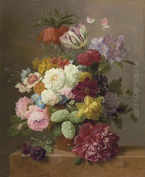 Roses, Peonies, Tulips, Narcissi, Convulvulus And Other Flowers In A Vase On A Marble Ledge Oil Painting by Arnoldus Bloemers