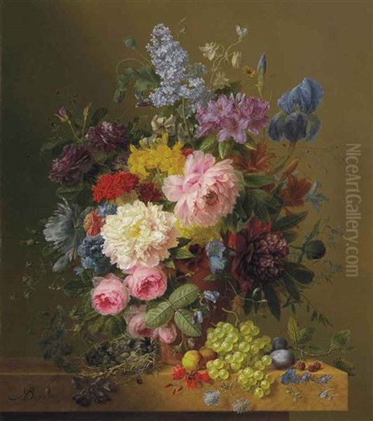 Lilacs, Peonies, Tulips, Roses, Irises And Other Flowers With Fruit And A Bird's Nest On A Marble Ledge Oil Painting by Arnoldus Bloemers