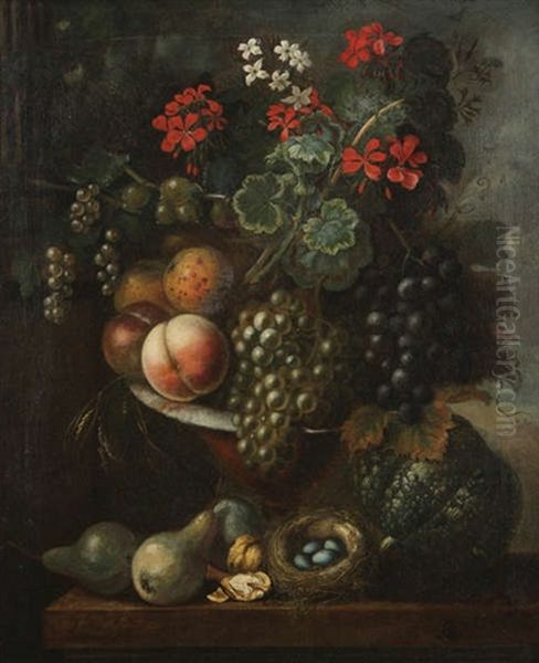 Nature Morte Aux Fleurs, Grappes De Raisin Et Peches Oil Painting by Arnoldus Bloemers