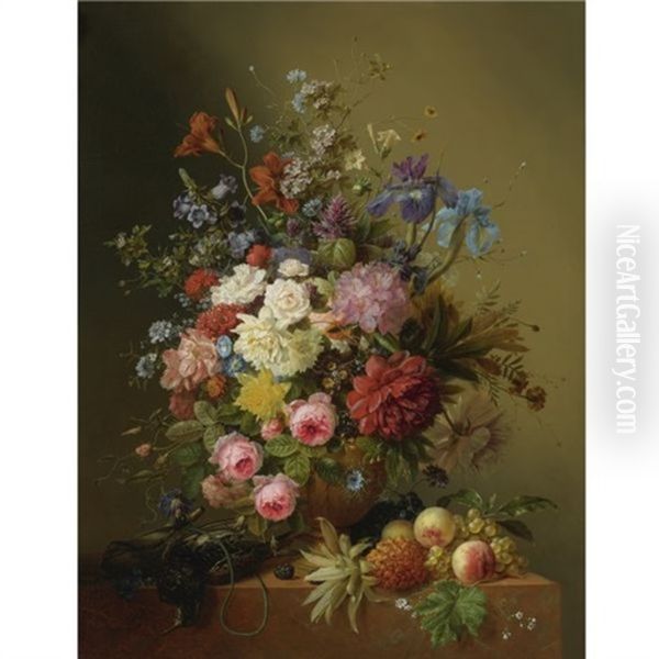 A Still Life Of Roses, Peonies, Irises And Other Flowers In A Terracotta Vase On A Ledge With Fruit And A Bird Oil Painting by Arnoldus Bloemers