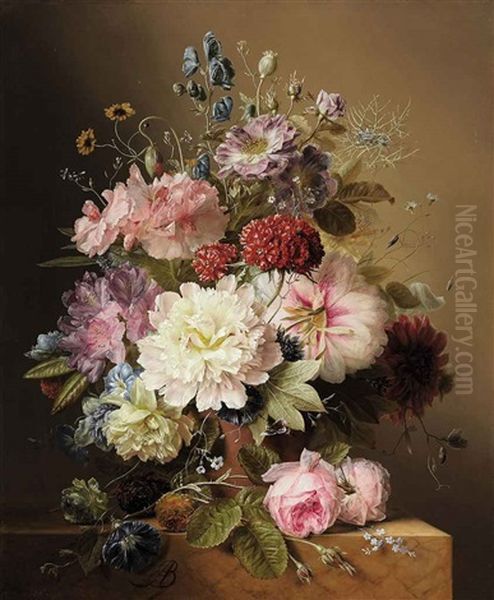 Still Life With Peonies, Rhodedendran, Auricula, Roses, And Summer Flowers, In An Urn, On A Marble Ledge Oil Painting by Arnoldus Bloemers