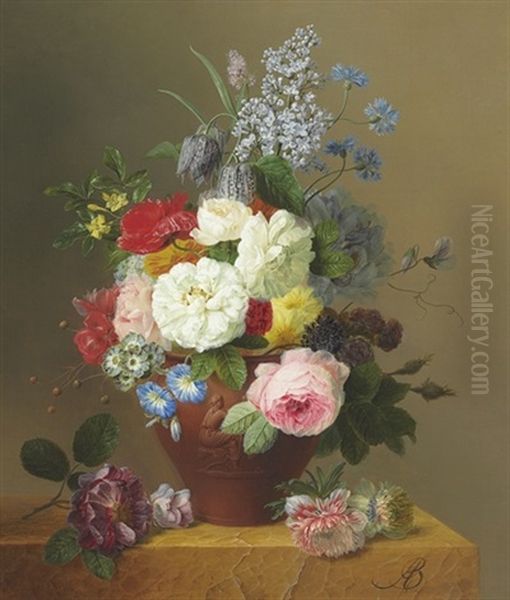 Roses, Poppies, Cornflowers, Convulvulus, Jasmine, Fritilleries, A Primula, A Peony, And Lilac In A Terracotta Vase With A Sprig Of Roses And Other Flowers On A Stone Ledge Oil Painting by Arnoldus Bloemers