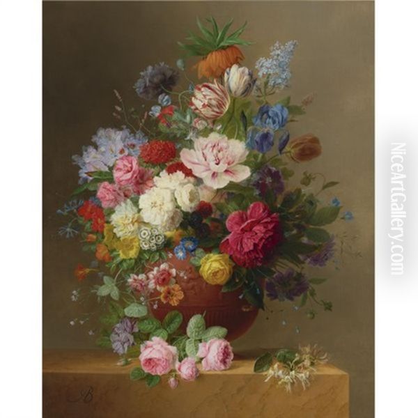 Still Life Of Roses, Lilac, Peonies, Tulips, An Iris, Auriculas, Fritillaria Imperialis, Morning Glory And Other Flowers In A Terracotta Vase On A Stone Ledge, With A Sprig Of Honeysuckle Oil Painting by Arnoldus Bloemers