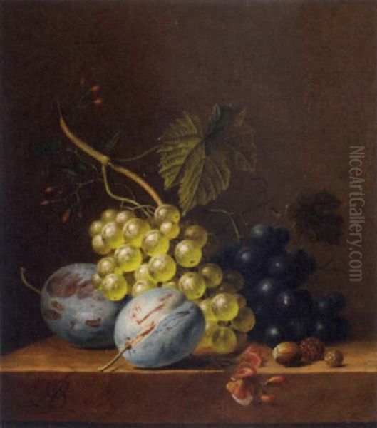 Grapes, Plums, Rasberries, And An Acorn On A Wooden Ledge Oil Painting by Arnoldus Bloemers