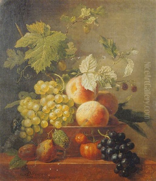 Still Life Of Grapes, Peaches, Raspberries And Plums by Arnoldus Bloemers