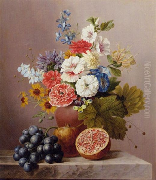 A Bouquet Of Flowers In A Terracotta Vase On A Marble Ledge With A Pomegranate And Grapes Oil Painting by Arnoldus Bloemers