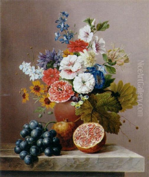 Flowers In A Vase With Grapes And Pomegranates On A Stone Ledge Oil Painting by Arnoldus Bloemers