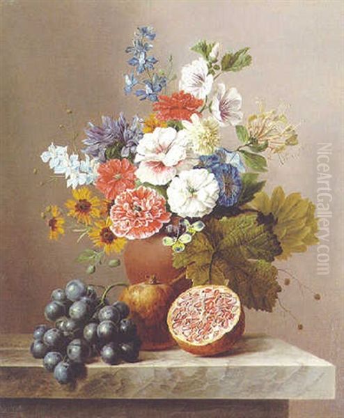 Flowers In A Vase With A Cluster Of Grapes And Pomegranates On A Stone Ledge Oil Painting by Arnoldus Bloemers