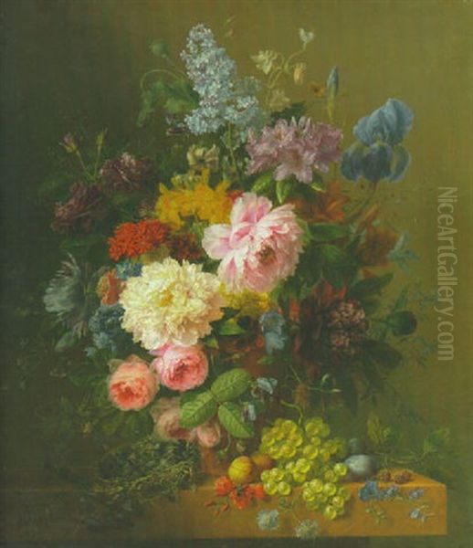 Flowers In A Vase On A Ledge Laden With Fruit And A Bird's Nest Oil Painting by Arnoldus Bloemers