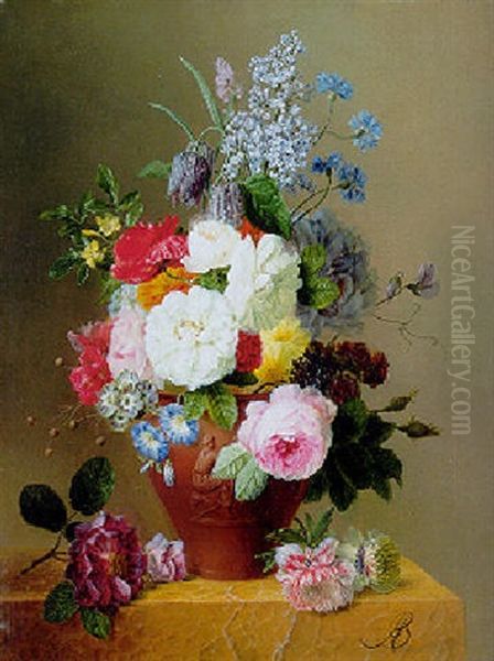 Roses, Poppies, Cornflowers, Convulvulus And Other Flowers In A Vase On A Stone Ledge Oil Painting by Arnoldus Bloemers