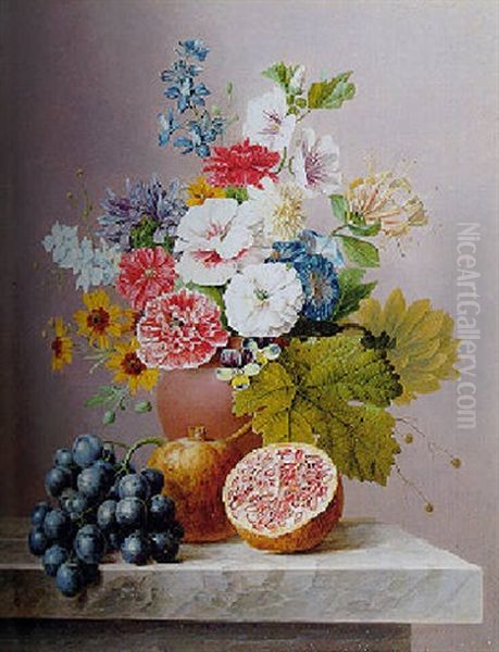 Poppies, A Hollyhock, Honeysuckle, Pansies And Other Flowers With Grapes And Pomegranates Oil Painting by Arnoldus Bloemers