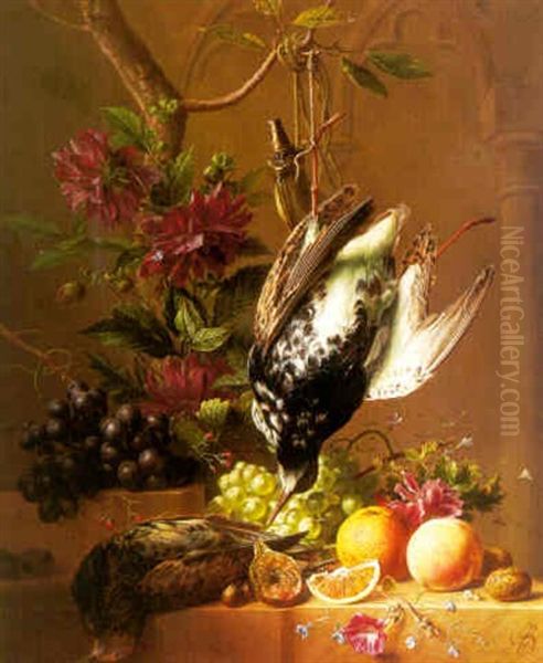 Stilleven Met Druiven, Sinaasappels, Dahlia's En Snippen Oil Painting by Arnoldus Bloemers